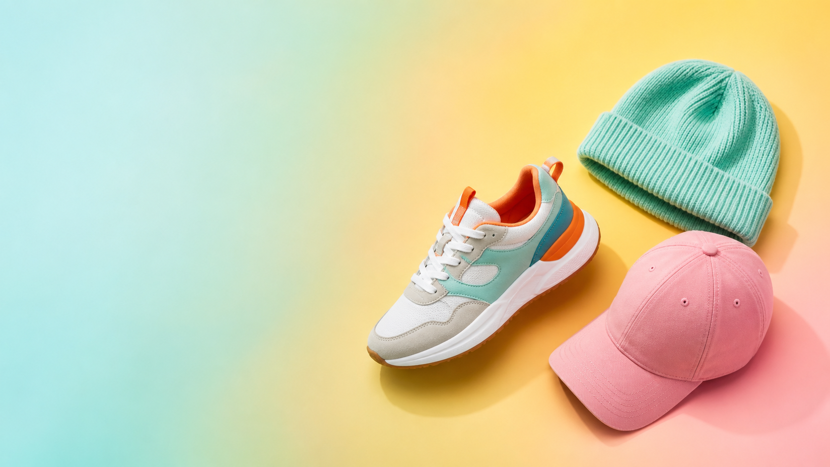 Sneaker, Mütze und Cap auf pastellfarbenem Hintergrund